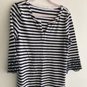 Talbots Black White Striped V Neck Embroidered Sleeves Top